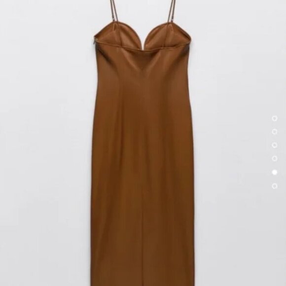 Zara Brown Faux Leather Midi Dress with Spaghetti Straps, Size Medium, Large NWT - Picture 10 of 11